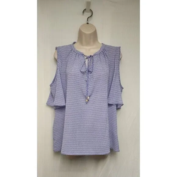 Michael Kors Cold Shoulder Short Sleeve Front Tie Blue/White Floral Sheer Top XL - Picture 2 of 7